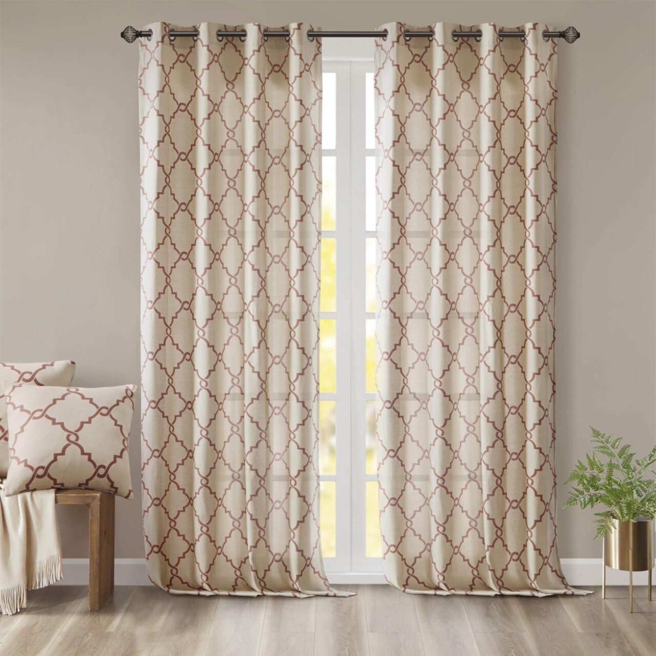 Madison Park Saratoga Basketweave Beige Ground Spice Fretwork Print Window Curtain, 50x108, Silver Grommet Top